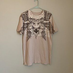 Affliction Tan Distressed Chewed Hem Eagle Shirt